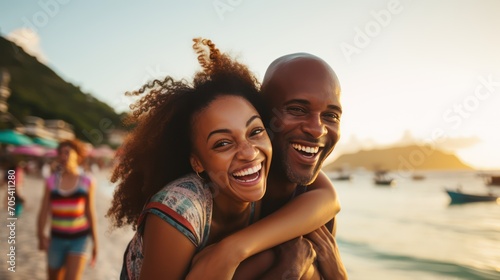 Foto A Black couple, travel and beach fun while laughing on sunset nature adventure and summer vacation or honeymoon with a piggy back ride
