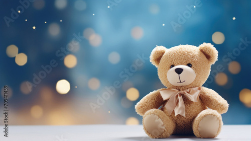 A cute teddy bear with a bow tie sitting before a starry bokeh background, creating a magical and heartwarming scene.