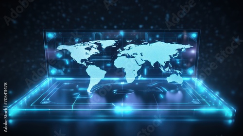 A holographic of digital world map display, minimal gradient light blue background, wide shot.
