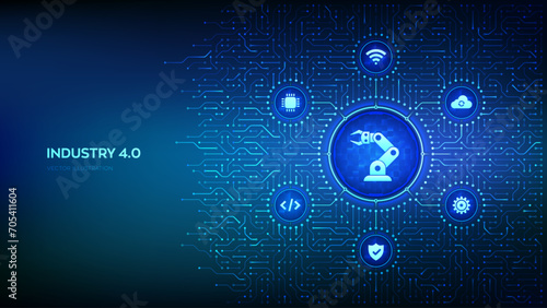 Smart Industry 4.0. Robotic hand. Factory automation. Autonomous industrial technology. Industrial revolutions steps. Background with circuit board connections and Industry icons. Vector Illustration. photo