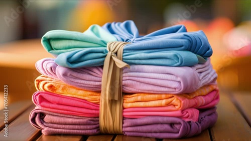 Closeup of a stack of colorful cloth napkins tied with twine and p in a basket. photo