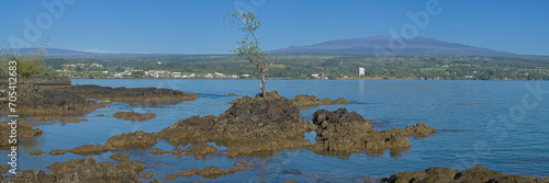 View of Mauna Kea and Mauna Loa from Queen Liliuokalani Gardens, Hilo, Big Island, Hawaii