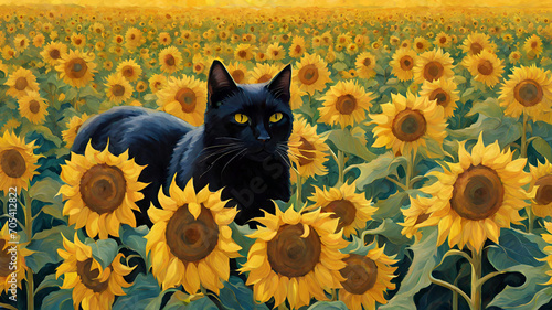 Oil painting of a black cat standing alone in a field of sunflowers,generative ai