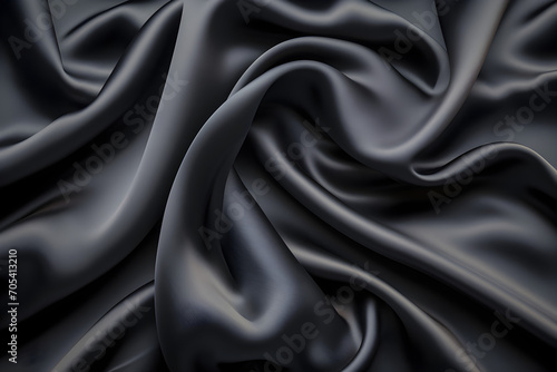 Beautiful elegant black silk satin fabric background with waves and folds, perfect for fashion or luxury-themed design projects.