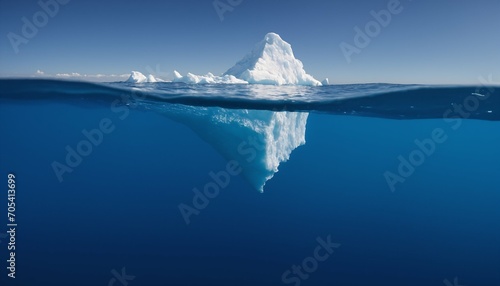 Half-submerged white iceberg in ocean, illustrating hidden danger and global warming, tip of the iceberg concept
