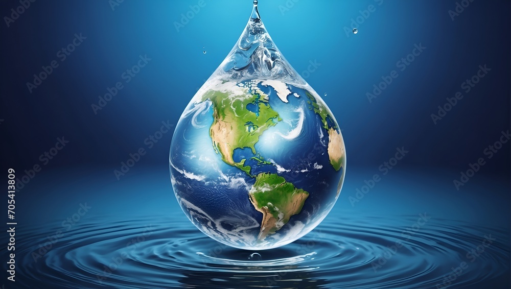 The Earth in a drop of water. World water day concept. Generative AI