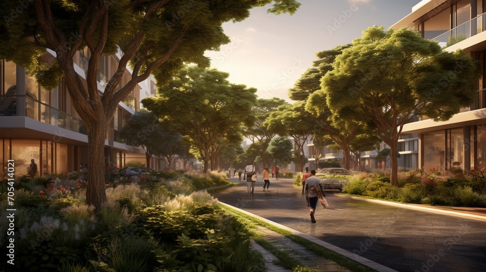 the elegance of an urban neighborhood with communal green spaces fostering a sense of community and nature