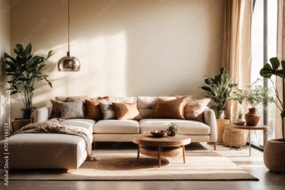 Bohemian interior home design of modern living room with beige fabric sofa and round table