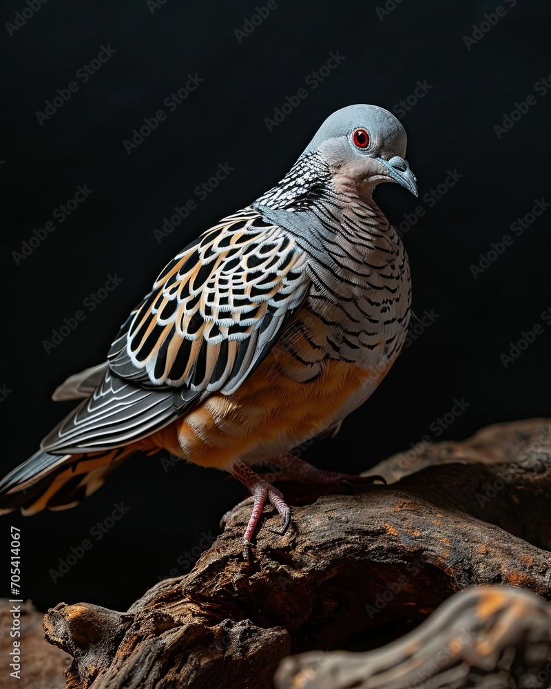 Zebra Dove standing on old tree, black background AI Generative Zebra Dove standing on old tree, black background AI Generative