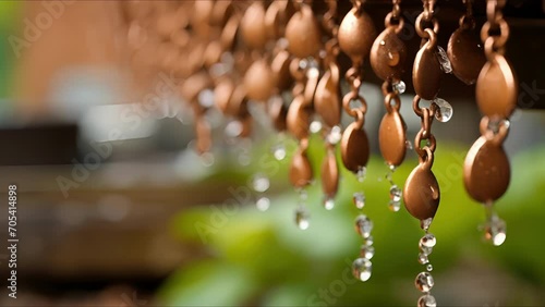 Closeup of a rain chain directing rainwater from the roof into a designated collection area, creating a visually appealing addition to a rainwater system. photo