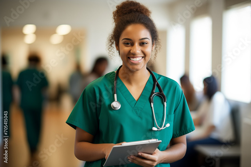 Cheerful young nurse standing confidently in a medical setting