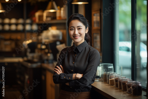 Asian woman bright smiling face coffee shop owner Standing confidently with arms crossed inside a warm and modern coffee shop.