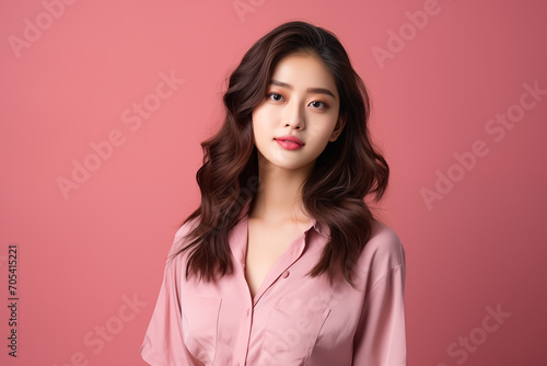 Young Asian woman her soft smile and wavy flowing hair. Dressed in a light pink shirt that compliments the warm