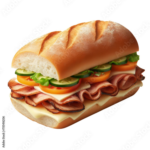Submarine sandwich with ham, cheese, lettuce, tomatoes, onion, mortadella. Traditional cuban sandwich with cheese on transparent background PNG