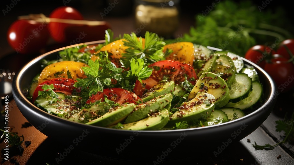 Avocado, tomato and cucumber salad with delicious fresh herbs on a dark background Avocado, tomato and cucumber salad with delicious fresh herbs on a dark background