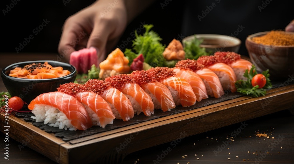 close up of Chef's hands preparing traditional Japanese sushi on cutting board. close up of Chef's hands preparing traditional Japanese sushi on cutting board.