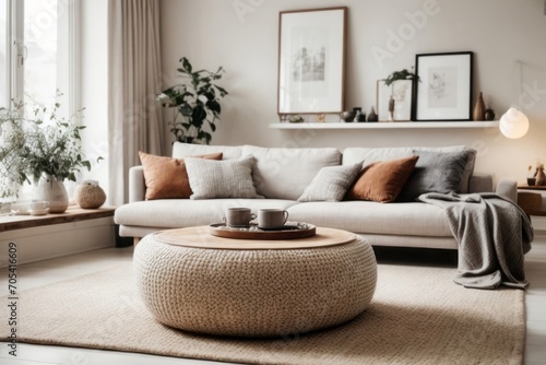 Scandinavian interior home design of modern living room with beige sofa and round table photo
