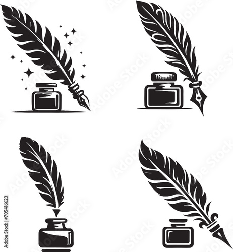 Set of vintage feather pen with ink pot