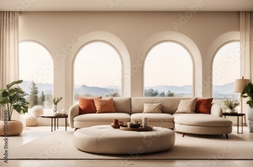 Interior home design of modern living room with beige sofa and round table at the arched window