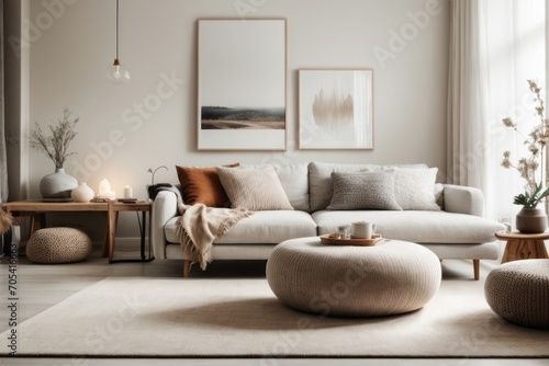 Scandinavian interior home design of modern living room with beige sofa and round table