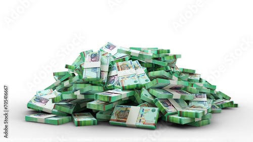 3D rendering of  pile of Stacks of Uzbekistani Som notes isolated on transparent background