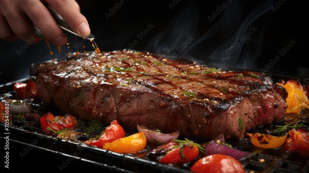 chef's hands cooking beef steak on grill pan chef's hands cooking beef steak on grill pan