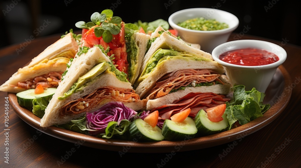 a plate of triangular mixed sandwich pieces a plate of triangular mixed sandwich pieces