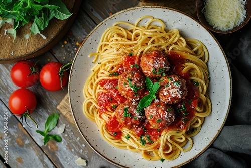 Spagheti meatball with some sauce photo