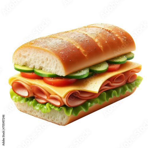 Submarine sandwich with ham, cheese, lettuce, tomatoes, onion, mortadella. Traditional cuban sandwich with cheese on transparent background PNG