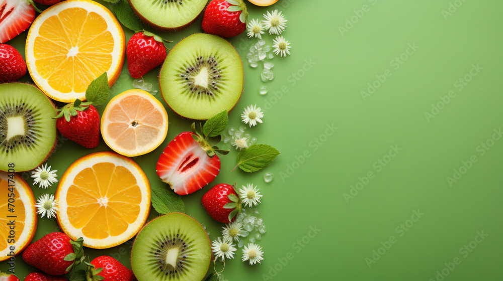 Vibrant and healthy assortment of fresh fruits and flowers on a bright green background, perfect for a nutritious diet. Vibrant and healthy assortment of fresh fruits and flowers on a bright green background, perfect for a nutritious diet.