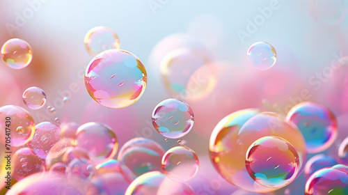 A cluster of vibrant soap bubbles with reflections creating pink and blue hues  giving a sense of joy and playfulness.