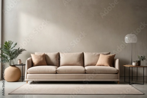 Scandinavian interior home design of modern living room with beige sofa and gray wall with copy space © Basileus
