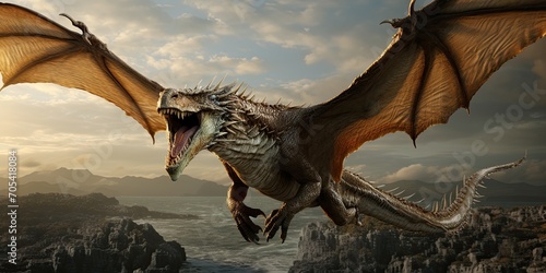 Majestic Flying Dragon over Mountainous Landscape at Dawn