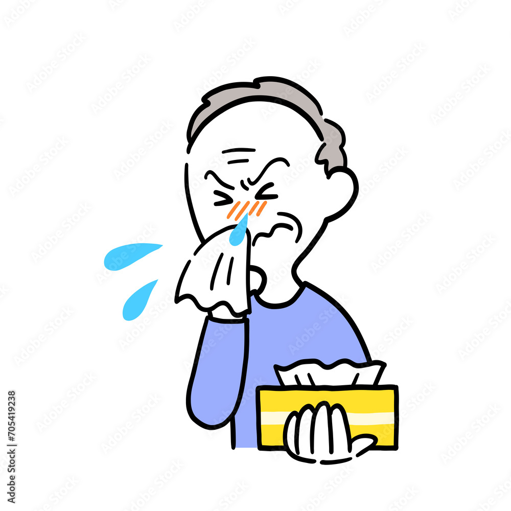 ティッシュで鼻をかむ高齢男性