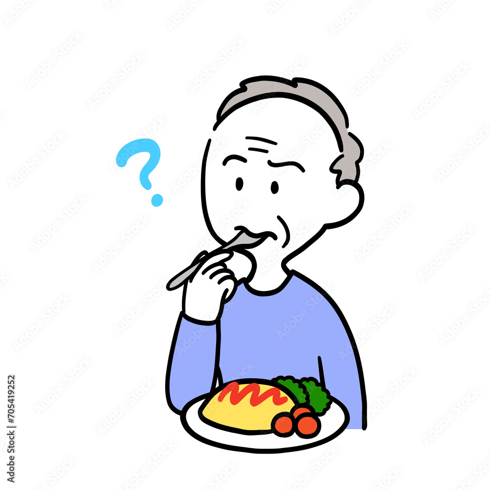 オムライスを食べて不思議そうな表情を浮かべる高齢男性