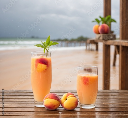Peach smoothies on the beach with peaches and mint.