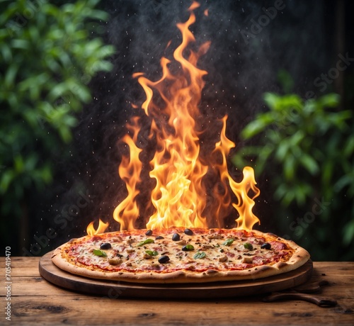 Pizza on a wooden table in a restaurant with fire and smoke