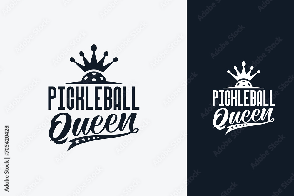 pickleball queen text art with beautiful lettering and a crowned ball. This is suitable for t-shirts, stickers, posters, etc. - obrazy, fototapety, plakaty 