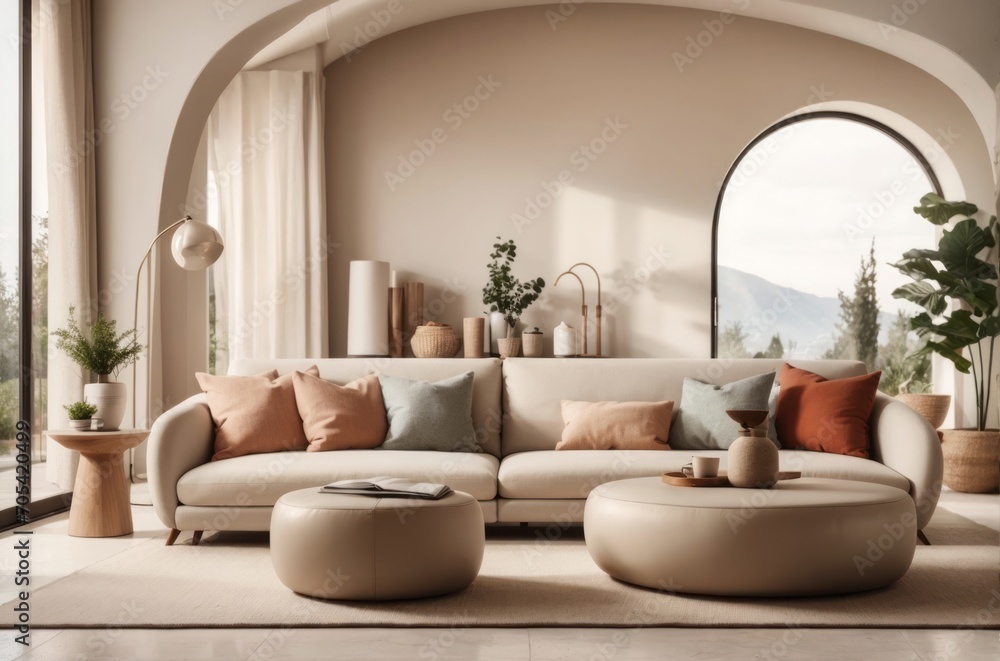 Interior home design of modern living room with beige sofa and round table at the arched window