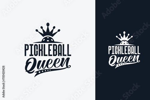 pickleball queen text art with beautiful lettering and a crowned ball. This is suitable for t-shirts, stickers, posters, etc. photo