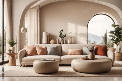 Interior home design of modern living room with beige sofa and round table at the arched window