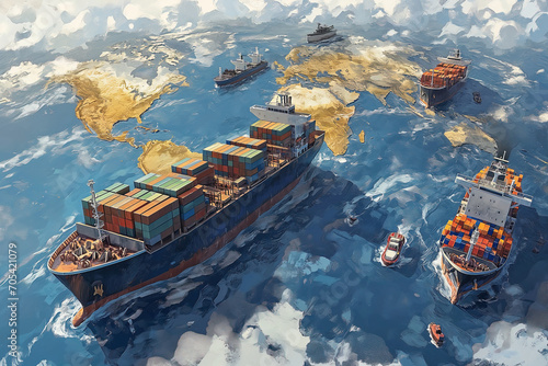 Cargo ships on a world map illustration, international freight commercial logistic business