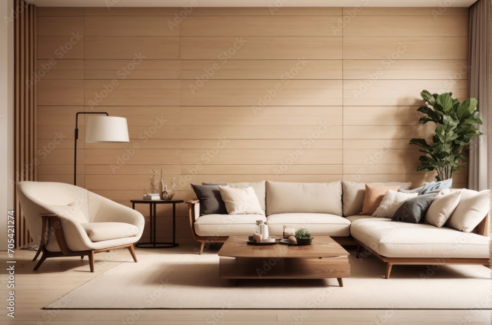 Interior home design of modern living room with beige sofa and wood panel wall Interior home design of modern living room with beige sofa and wood panel wall