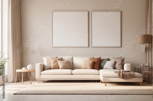 Interior home design of modern living room with beige sofa near white wall with empty mock up poster frame