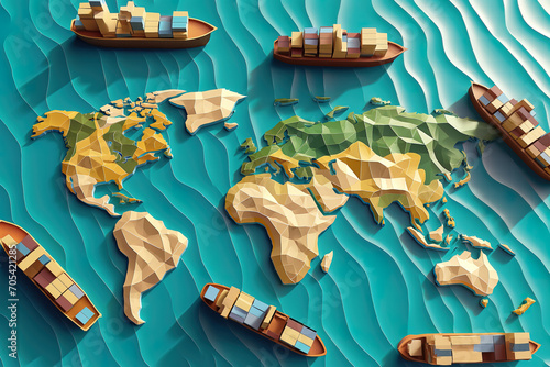 Cargo ships on a world map illustration, international freight commercial logistic business