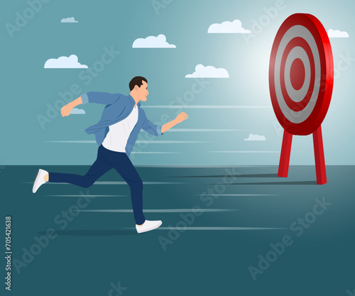 Enthusiastic young man running towards his goal with determination, successful business concept, positive inspiration energy. Vector illustration.
