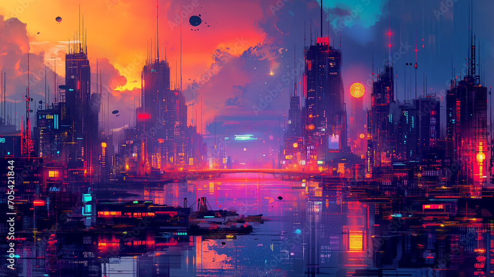 Fototapeta premium Dusk Descends Over a Neon-Soaked Futuristic Metropolis by the Tranquil Waterfront