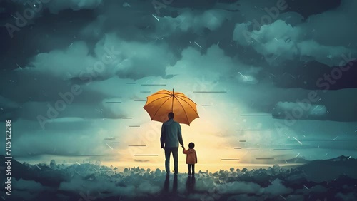 A parent in a protective stance shielding their child from a stormy sky ilrating the difficulties of shielding Psychology art concept. photo