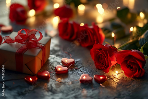 gift box composition with red ribbon, hearts, red roses and lights, on rustic wooden table, with blurred background, romantic valentine concept.