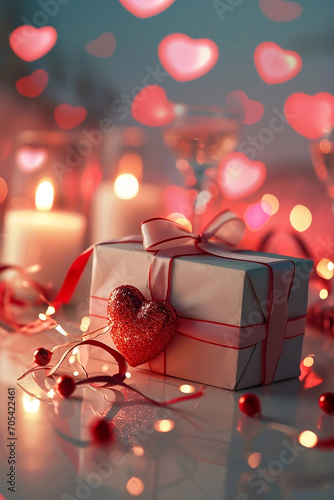 Gift box background with romantic ornaments, red bow and background lights on table, blurred background. Romantic Valentine's Day Concept, vertical image